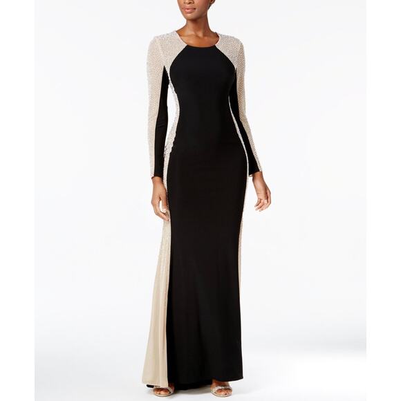 Xscape black long sleeve evening gown with beaded caviar sides - Picture 1 of 8